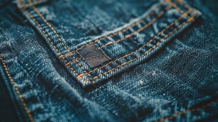 Close-up of blue denim with patch