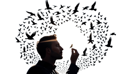 man sky birds concepts scientific sun flock silhouette philosophical psychology emotion ideas concept mind woman head health human abstract flying background brain trauma intuition insight storm bird