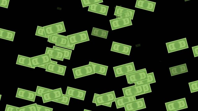 Paper Money animation. Flying Cartoon Dollar Money on Black Background.