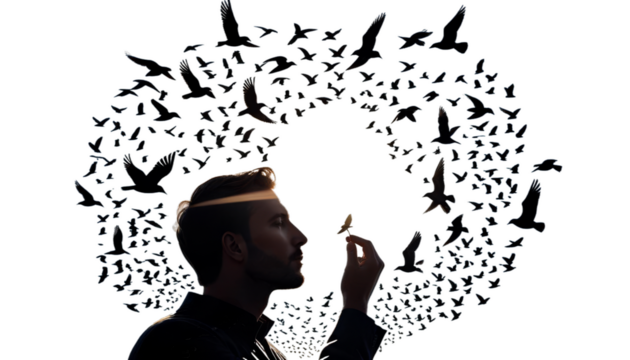 man sky birds concepts scientific sun flock silhouette philosophical psychology emotion ideas concept mind woman head health human abstract flying background brain trauma intuition insight storm bird