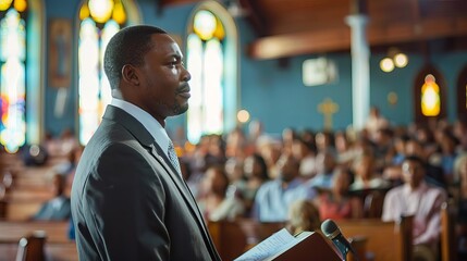 Depict a Protestant pastor delivering a sermon to a diverse congregation, emphasizing unity and faith