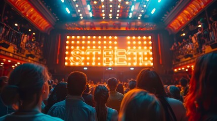 Depict a vintage cinema marquee announcing the premiere of a highly anticipated film, drawing crowds of excited moviegoers