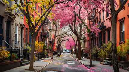 Residential street with spring colors