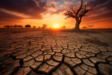 Dry dead tree in desert with a dry, cracked ground on sunset - Powered by Adobe
