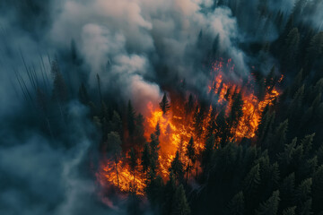 Fototapeta premium A forest fire is raging through a forest, with smoke