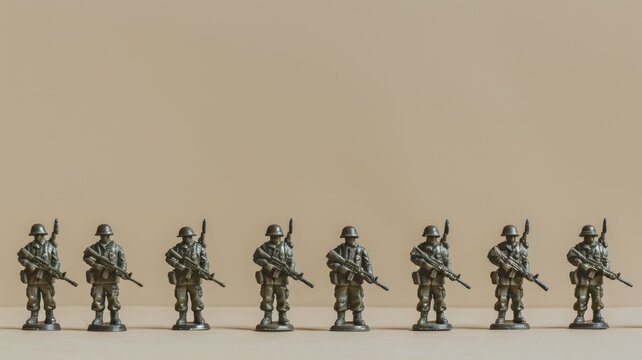 Row of miniature toy soldiers standing in uniform alignment against plain background - Powered by Adobe
