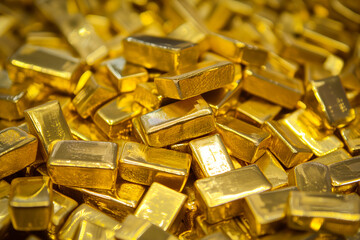 A pile of gold bars bullions close up