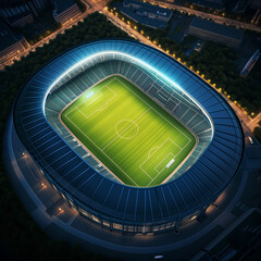 Aerial top view of a soccer football field stadium in night