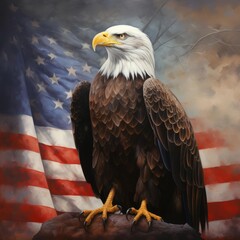 Naklejka premium A striking composition featuring a North American Bald Eagle with the American flag as a backdrop, symbolizing strength and unity