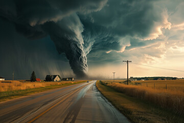 Tornado in a field in the USA with wooden house and road under stormy dark sky