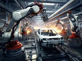 Naklejka premium An advanced robotic assembly line is artfully rendered in a Japanese art style creative design, highlighting the synergy between high technology and precise engineering
