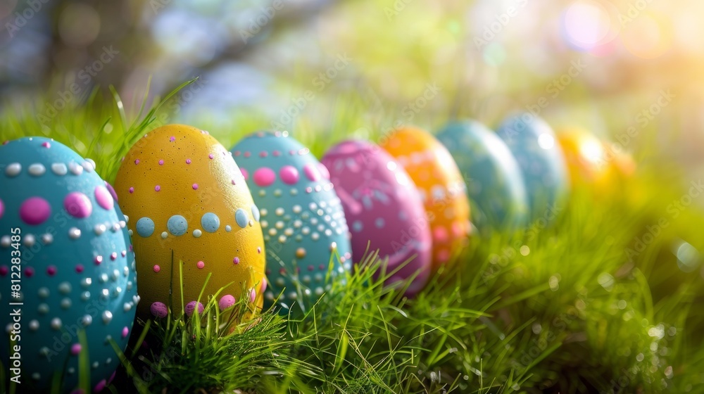 Sticker a row of colorful easter eggs in the grass with dots and polka-dots, ai