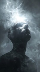 A man with lightning coming out of his head and a cloud in the background, AI