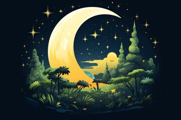Vibrant digital illustration of an enchanted forest scene under a glowing crescent moon surrounded by stars in a dark night sky.
