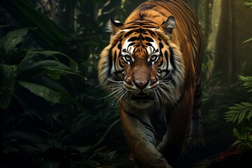 A tiger walking in the deep jungle hiding under the tree canopy