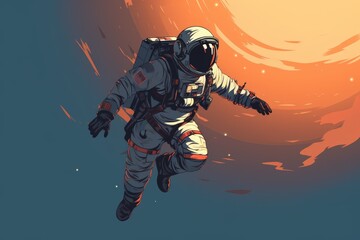 Fototapeta premium Striking digital illustration of an astronaut in a space suit, gracefully floating against a backdrop of a glowing orange planet.
