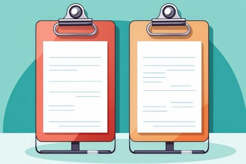 Illustration of two colorful clipboards, one red and one orange, with blank papers, ready for notes or assignments, on a teal background.