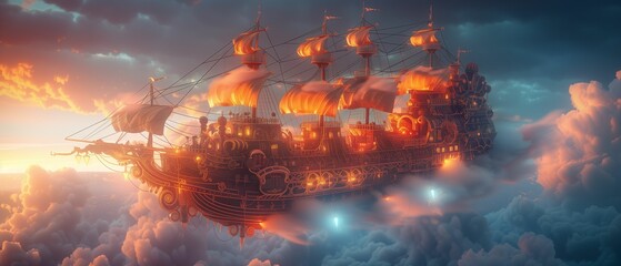 Pirate Ship Floating in the Air Amidst Clouds