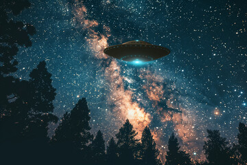 Fototapeta premium Alien UFO flying through a forest, showcasing invasion by alien spaceship in science fiction setting, with eerie atmosphere and copy-space