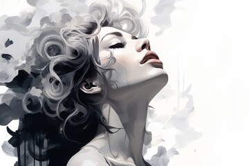 Artistic digital illustration of a woman's profile enveloped in swirling black and white abstract forms.