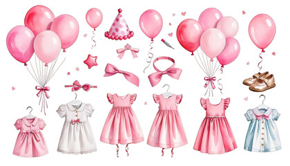 baby design shower set cartoon watercolor party invitation toy balloon elements illustration dress pink birthday girl newborn kid card cute children element greeting little collection happy nubes