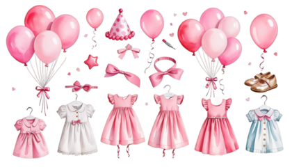 baby design shower set cartoon watercolor party invitation toy balloon elements illustration dress pink birthday girl newborn kid card cute children element greeting little collection happy nubes