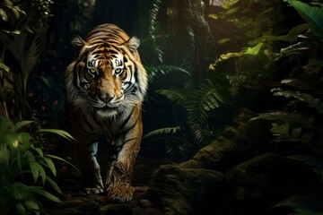 Shadowed Stalker A Tiger's Stealthy Stride Through the Deep Jungle Canopy