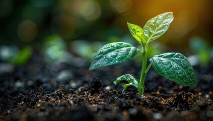 Capture the essence of growth: A close-up shot of a blank seedling emerging from rich soil, bathed in soft, natural light.