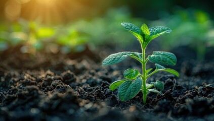 Capture the essence of growth: A close-up shot of a blank seedling emerging from rich soil, bathed in soft, natural light.