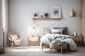 Scandinavian interior design of modern bedroom.	