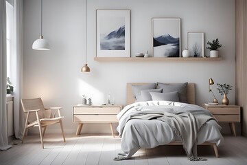 Scandinavian interior design of modern bedroom.	