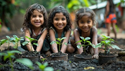 Spark joy: A heartwarming image of children planting blank seedlings with smiles on their faces, symbolizing hope for a brighter, greener future.