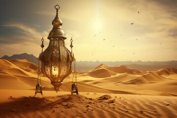 The ancient city of the sands of the arabian desert with a golden lamp