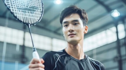 badminton male player in a receiving serve stance with a racket and feeling focused with determination