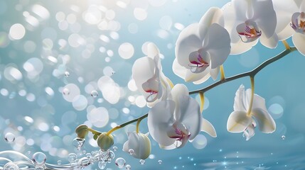 A beautiful branch of a white Orchid Flowers in Sparkling Water with Bubbles.
