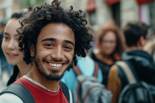 Portrait of a cheerful young man with curly hair, wearing a red shirt, smiling at the camera with blurred friends in the background. Students walking to school together