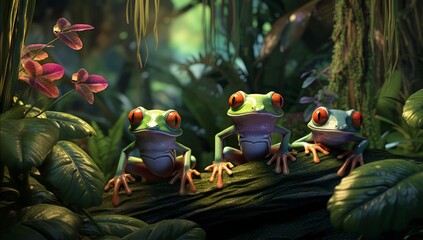 Scarlet Specters Red-Eyed Frogs Perched in the Verdant Fern Canopy