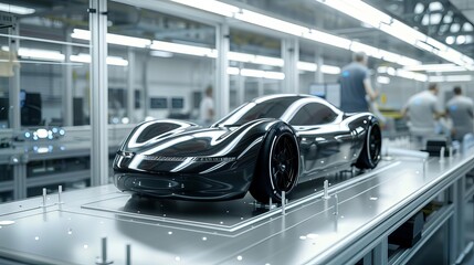 Obraz premium Exhibit a car manufacturing plant where critical components are 3D printed ondemand for assembly