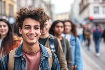 Obraz premium Cheerful young man with curly hair smiles at the camera while walking on a busy city street, with a diverse group of people blurred in the background