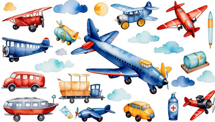 birthday watercolor boys air cartoon illustration airplane locomotive transport elements shower child card waggon set vehicle plane world baby train boy children toy collection design background boat