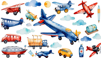 birthday watercolor boys air cartoon illustration airplane locomotive transport elements shower child card waggon set vehicle plane world baby train boy children toy collection design background boat