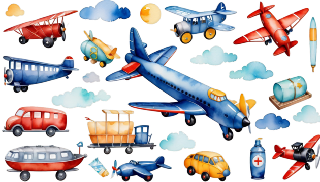 birthday watercolor boys air cartoon illustration airplane locomotive transport elements shower child card waggon set vehicle plane world baby train boy children toy collection design background boat