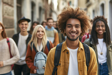 Smiling young man with an afro hairstyle leads a diverse group of happy friends walking in an urban environment, depicting friendship, diversity, and the joy of togetherness