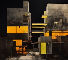 Semi-abstract painting of several buildings at night with tiered walkways and balconies against a black background. From the series �Abstract Architecture."