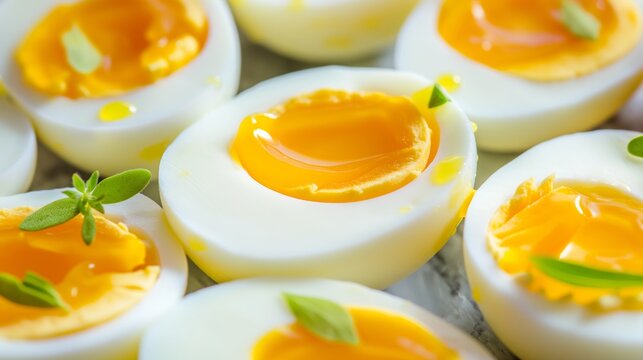 Soft-boiled eggs cut in half garnished with fresh herbs on a wooden surface.