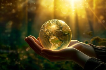Human hands holding a world on background with sun.