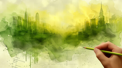 A hand drawing a watercolor green ecological futuristic beautiful urban city view illustration or a sketch