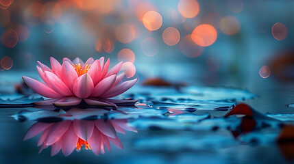 Closeup on a pink lotus flower floating on water at spring or summer outdoors - Powered by Adobe