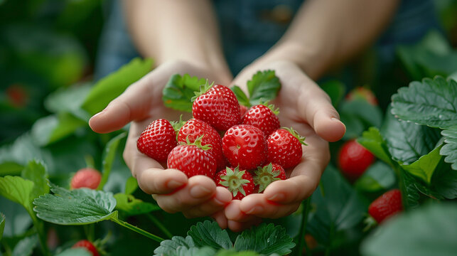 Closeup on two hands holding fresh local organic strawberries in a field