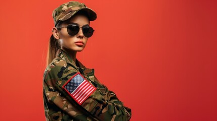 Fearless young servicewoman in a camouflage military outfit with the US flag on it, posing against a studio backdrop like an army soldier. - obrazy, fototapety, plakaty